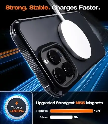 Чехол-бампер Tigowos для iPhone 15 Pro Max, совместим с MagSafe, защита от падения с высоты 15 футов, приятный на ощупь, прочный противоударный задний чехол для iPhone 15 Pro Max, 6,7 дюйма, черный - 5