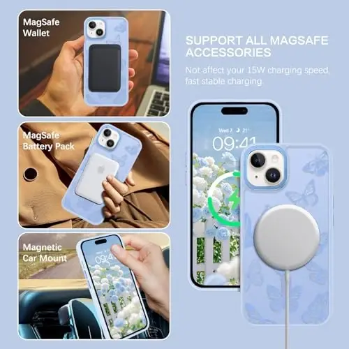 Чехол BENTOBEN для iPhone 15 Plus, милый узор с бабочками [совместим с MagSafe], полупрозрачный матовый тонкий защитный чехол для женщин, девочек, мужчин и мальчиков, ударопрочный, туманно-голубой - 3