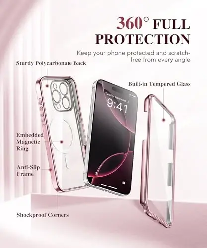 Чехол BERFY для iPhone 16 Pro Max, совместимый с MagSafe, со встроенным стеклом на экран, защитой камеры, противоударный, полный корпус 6.9