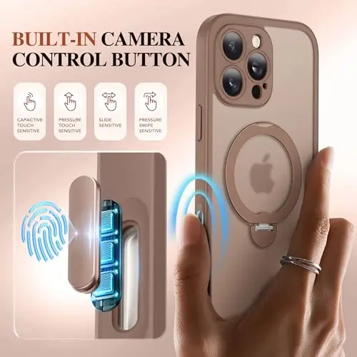 Чехол BERFY для iPhone 16 Pro Max, совместимый с MagSafe, со встроенным защитным стеклом экрана, противоударный полноразмерный чехол для 16 Pro Max с магнитной подставкой, полупрозрачный пустынный цвет - 6