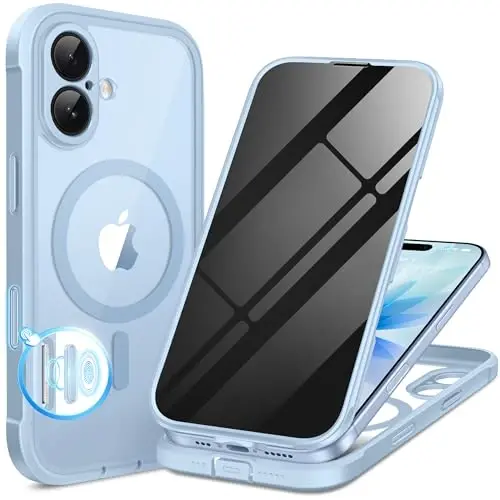 Чехол BERFY для iPhone 17, Magsafe, небесно-голубой | Со встроенным защитным стеклом конфиденциальности, полная защита камеры, ударопрочный магнитный прозрачный чехол 6,3