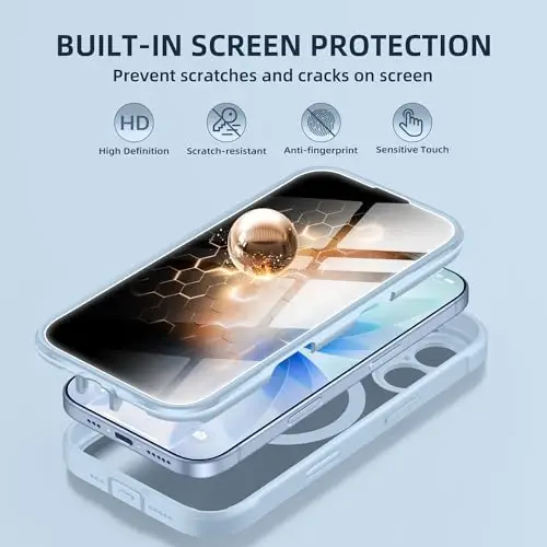 Чехол BERFY для iPhone 17, Magsafe, небесно-голубой | Со встроенным защитным стеклом конфиденциальности, полная защита камеры, ударопрочный магнитный прозрачный чехол 6,3