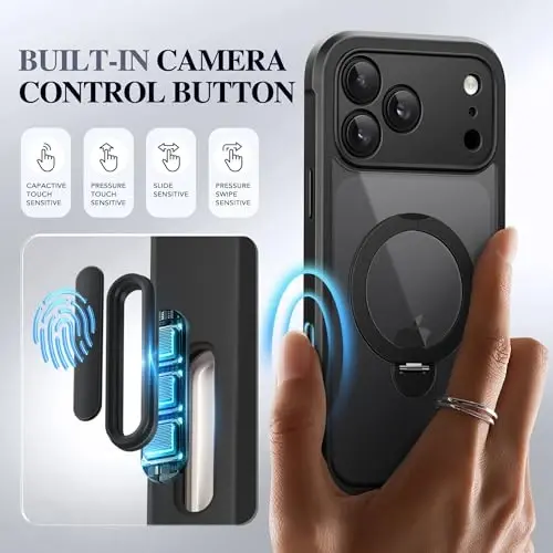 Чехол BERFY для iPhone 17 Pro, совместимый с MagSafe, со встроенным защитным экраном с функцией защиты от подглядывания, противоударный полноразмерный чехол для 17 Pro с магнитной подставкой, полупрозрачный черный - 1