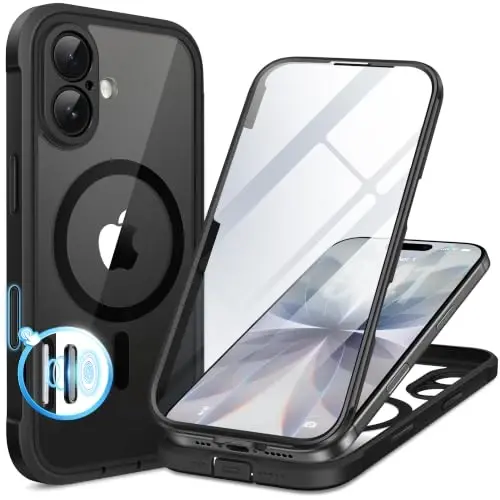 Чехол BERFY для iPhone 17, совместимый с MagSafe, со встроенным защитным стеклом, защитой камеры, противоударный полноразмерный чехол 6,3 дюйма, прозрачный черный 