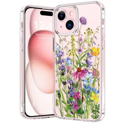 Чехол bicol, совместимый с iPhone 15, кристально-прозрачный с модным дизайном для девушек и женщин, тонкий защитный чехол из акрила для защиты от ударов 6,1 дюйма Цветущие цветы - BICOL