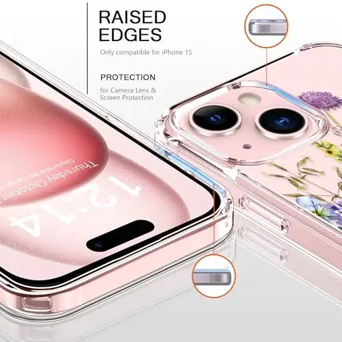 Чехол bicol, совместимый с iPhone 15, кристально-прозрачный с модным дизайном для девушек и женщин, тонкий защитный чехол из акрила для защиты от ударов 6,1 дюйма Цветущие цветы - 2