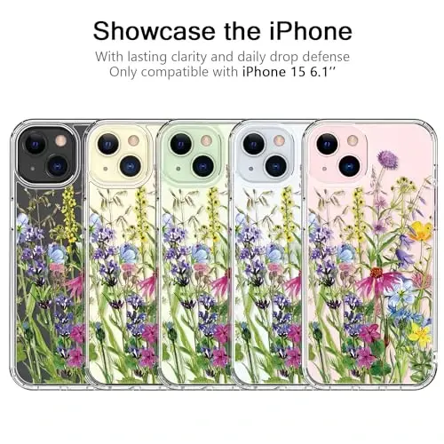Чехол bicol, совместимый с iPhone 15, кристально-прозрачный с модным дизайном для девушек и женщин, тонкий защитный чехол из акрила для защиты от ударов 6,1 дюйма Цветущие цветы - 5