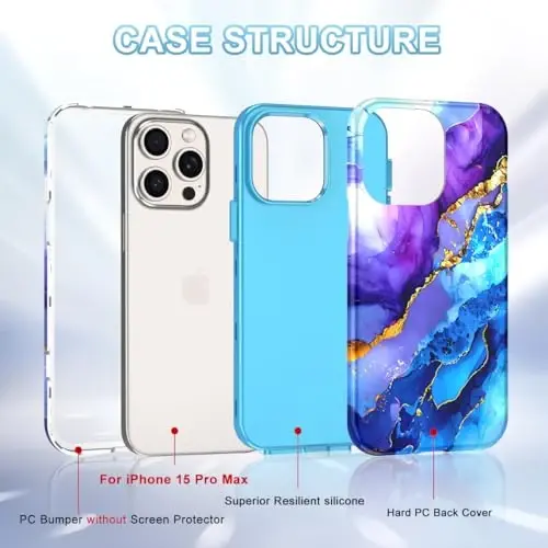 Чехол Btscase для iPhone 15 Pro Max, 6,7 дюйма (2023), с мраморным рисунком, 3 в 1, сверхпрочный, ударопрочный, жесткий ПК + мягкий силикон, защита от падения, для женщин и девочек, синий/фиолетовый - 2