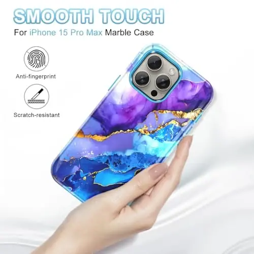 Чехол Btscase для iPhone 15 Pro Max, 6,7 дюйма (2023), с мраморным рисунком, 3 в 1, сверхпрочный, ударопрочный, жесткий ПК + мягкий силикон, защита от падения, для женщин и девочек, синий/фиолетовый - 3