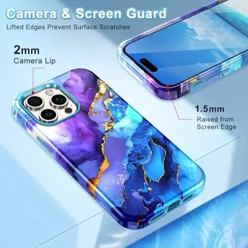 Чехол Btscase для iPhone 15 Pro Max, 6,7 дюйма (2023), с мраморным рисунком, 3 в 1, сверхпрочный, ударопрочный, жесткий ПК + мягкий силикон, защита от падения, для женщин и девочек, синий/фиолетовый - 4