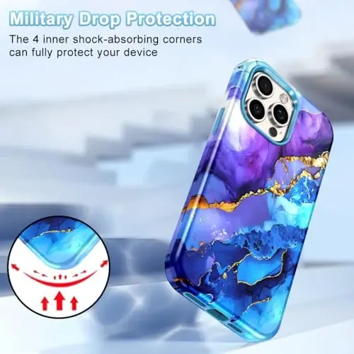 Чехол Btscase для iPhone 15 Pro Max, 6,7 дюйма (2023), с мраморным рисунком, 3 в 1, сверхпрочный, ударопрочный, жесткий ПК + мягкий силикон, защита от падения, для женщин и девочек, синий/фиолетовый - 5