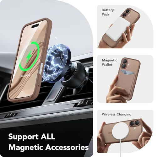 Чехол CAPRARO Magnetic для iPhone 16, Улучшенный [Полная защита камеры] [Совместим с MagSafe] Защитный полупрозрачный матовый чехол для телефона для женщин и девушек, коричневый - 3