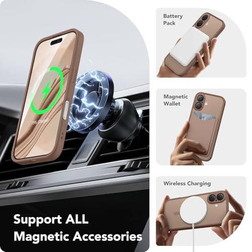 Чехол CAPRARO Magnetic для iPhone 16, Улучшенный [Полная защита камеры] [Совместим с MagSafe] Защитный полупрозрачный матовый чехол для телефона для женщин и девушек, коричневый - 3