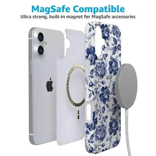 Чехол Casely для iPhone 16 | Rose to Fame | Сине-белый цветочный | Совместимость с MagSafe | Классический ультратонкий дизайн - 4