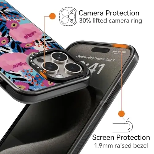 Чехол Casevivid Magnetic для iPhone 15 Pro Magsafe, милый эстетичный дизайн, прочный ударопрочный чехол с защитой при падении с высоты 2 метров, с забавным модным принтом «небрежные цветы», 6,1 дюйма, черный. - 3