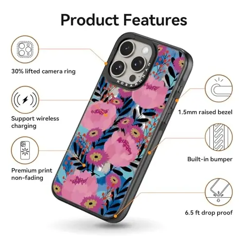 Чехол Casevivid Magnetic для iPhone 15 Pro Magsafe, милый эстетичный дизайн, прочный ударопрочный чехол с защитой при падении с высоты 2 метров, с забавным модным принтом «небрежные цветы», 6,1 дюйма, черный. - 5