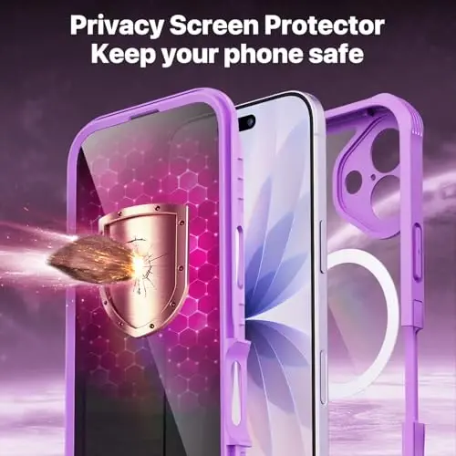 Чехол CENHUFO Magnetic Privacy для iPhone 17 [совместим с Magsafe], полноразмерный, со встроенным защитным экраном из закаленного стекла 9H, защитой камеры, противоударный, прозрачный - розово-розовый - 5