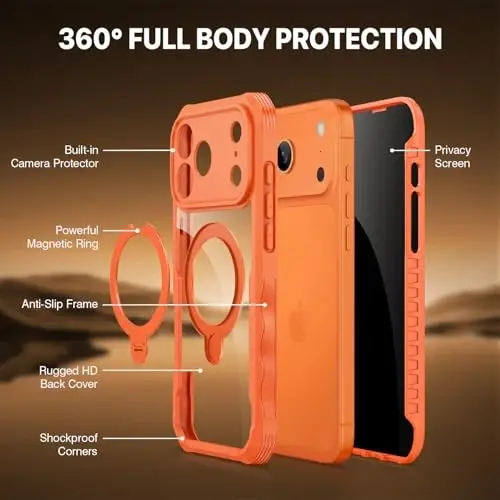 Чехол CENHUFO Privacy для iPhone 17 Pro Max, совместимый с Magsafe, полноразмерный чехол со встроенным защитным экраном из закаленного стекла 9H и вращающейся на 360° магнитной подставкой, кольцом для защиты объектива камеры - Оранжевый - 6