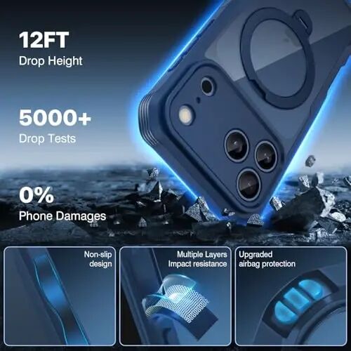 Чехол CENHUFO Privacy для iPhone 17 Pro, совместимый с Magsafe, полноразмерный чехол со встроенным защитным экраном из закаленного стекла 9H и вращающейся на 360° магнитной подставкой, крышкой для объектива камеры — синий - CENHUFO
