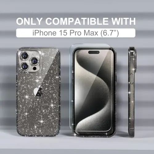 Чехол Choiche для iPhone 15 Pro Max для женщин, милый блестящий, армейская защита, 3 крышки для объектива с бриллиантами, 2 защитных стекла, 6,7 дюйма (блестящий серый) - 2