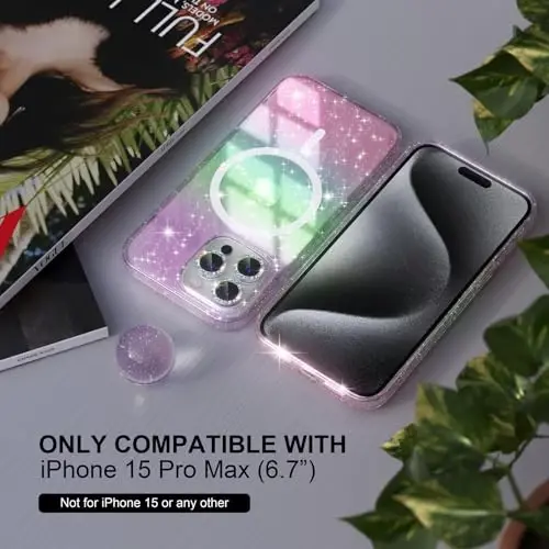 Чехол Choiche для iPhone 15 Pro Max с магнитом, женский прозрачный блестящий сверкающий чехол, [3 защитных стекла для объектива камеры] [2 защитных стекла для экрана] [Совместимость с MagSafe] (Цветной блеск) - 2