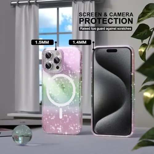 Чехол Choiche для iPhone 15 Pro Max с магнитом, женский прозрачный блестящий сверкающий чехол, [3 защитных стекла для объектива камеры] [2 защитных стекла для экрана] [Совместимость с MagSafe] (Цветной блеск) - 4