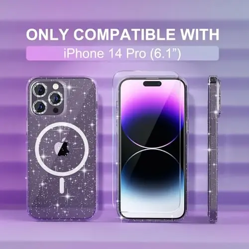 Чехол Choiche Magnetic Case для iPhone 14 Pro, женский прозрачный с блестками [3 защиты камеры с бриллиантами] [2 защитных стекла] [Совместим с MagSafe] (Прозрачный с блестками) - 2