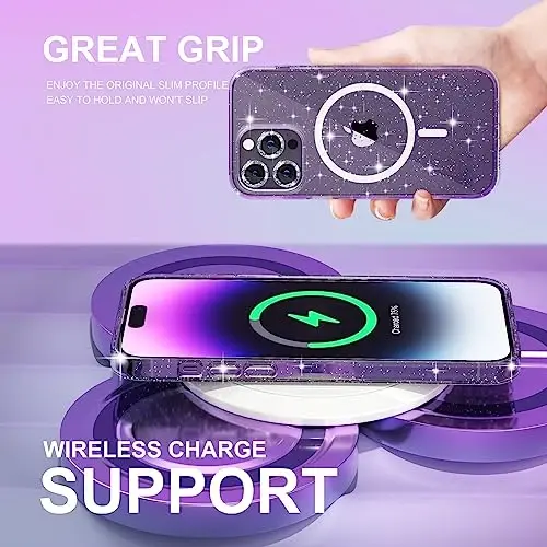 Чехол Choiche Magnetic Case для iPhone 14 Pro, женский прозрачный с блестками [3 защиты камеры с бриллиантами] [2 защитных стекла] [Совместим с MagSafe] (Прозрачный с блестками) - 6