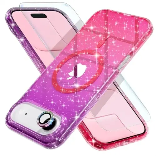 Чехол Choiche Magnetic для iPhone 17 Air с поддержкой MagSafe, милый женский блестящий чехол с защитой для камеры со стразами, защита от падений военного класса, 6,5 дюйма (пудровый/розовый) - 1