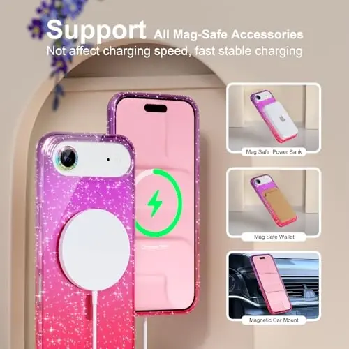 Чехол Choiche Magnetic для iPhone 17 Air с поддержкой MagSafe, милый женский блестящий чехол с защитой для камеры со стразами, защита от падений военного класса, 6,5 дюйма (пудровый/розовый) - 6