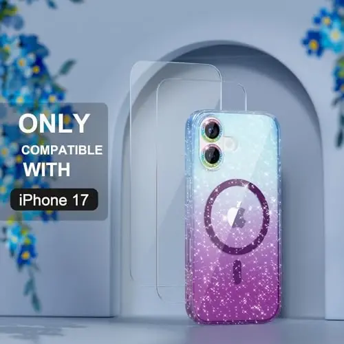 Чехол Choiche Magnetic для iPhone 17 с поддержкой MagSafe, милый женский блестящий чехол с защитой для камеры с бриллиантами, защита от падений военного уровня 6,3 дюйма (синий/фиолетовый) - 8