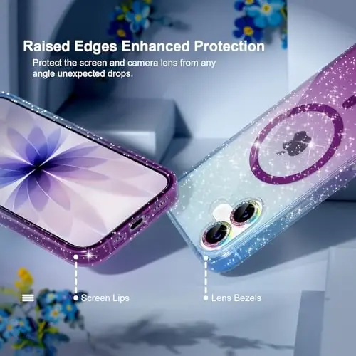 Чехол Choiche Magnetic для iPhone 17 с поддержкой MagSafe, милый женский блестящий чехол с защитой для камеры с бриллиантами, защита от падений военного уровня 6,3 дюйма (синий/фиолетовый) - 4
