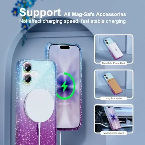 Чехол Choiche Magnetic для iPhone 17 с поддержкой MagSafe, милый женский блестящий чехол с защитой для камеры с бриллиантами, защита от падений военного уровня 6,3 дюйма (синий/фиолетовый) - 6