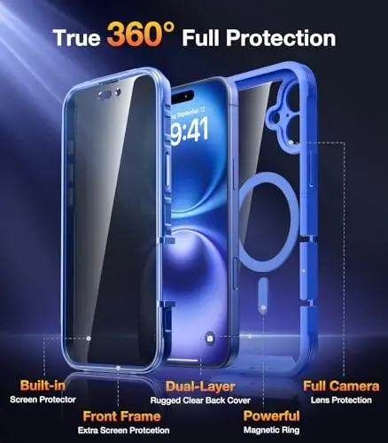 Чехол Diacaras Magnetic с магнитным дизайном для iPhone 16, прочный чехол на все тело со встроенным защитным экраном с функцией конфиденциальности, чувствительным к касаниям и защитой от царапин, улучшенная [полная защита камеры] (ультрамарин) - 2