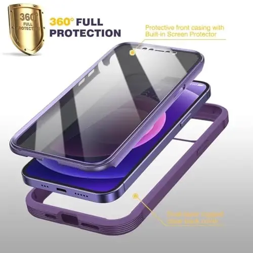 Чехол Diaclar для iPhone 12/12 Pro, прочный по всему корпусу, со встроенным чувствительным к прикосновениям защитным экраном с защитой от царапин, мягкий бампер из ТПУ для iPhone 12/12 Pro 6,1 дюйма (фиолетовый) - 3