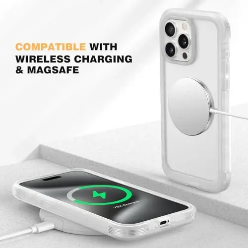 Чехол Diaclara с магнитым дизайном для iPhone 15 Pro Max, полноразмерный бампер [совместим с MagSafe], армейская защита от падений со встроенным чувствительным к касаниям защитным экраном против царапин, матовый прозрачный - 5