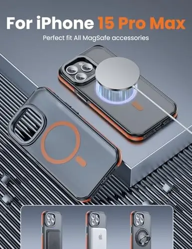 Чехол для iPhone 15 Pro Max с поддержкой MagSafe, защита при падении с высоты 3 метра, матовая задняя панель, приятная на ощупь, бампер оранжевого цвета - 2