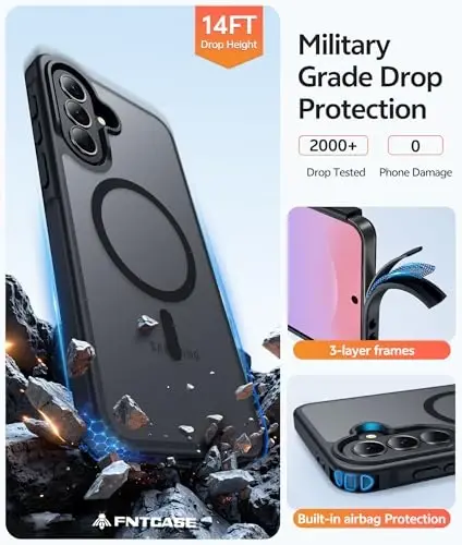 Чехол для телефона FNTCASE для Galaxy A37 5G: Чехол для Samsung A36 5G [Совместимо с Magsafe] Матовый полупрозрачный [Защитное стекло] Защита военного класса для чехлов Samsung A37 и A36 - Черный - 5