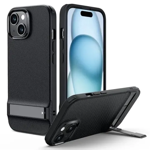 Чехол ESR для iPhone 15 с металлической подставкой, 3 режима подставки, защита от падений военного класса, поддержка беспроводной зарядки, тонкая задняя панель с запатентованной подставкой, серия Boost, черный - ESR
