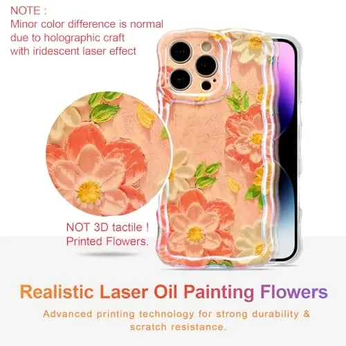 EYZUTAK Case for iPhone 15 Pro, Colorful Oil Painting Flower, Pink White | Laser Glossy Floral Pattern, Cute Curly Wave Edge, Exquisite Phone Cover, Stylish Durable TPU Protective Case for Girl Women - 2