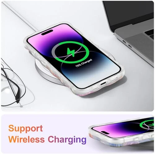 Чехол EYZUTAK для iPhone 16, цветной, ретро, с изображением масляной живописи, цветочным принтом, глянцевый, узор, лазерный, милый, волнистый край, изысканный, стильный, прочный, защитный чехол из термополиуретана для девочек и женщин, зеленый - 6