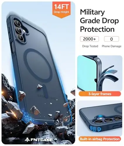 Чехол FNTCASE для Galaxy A15 5G: [Совместимость с Magsafe] [Защитное стекло] Матовый полупрозрачный чехол военной степени защиты для Samsung A15 - Синий - 5
