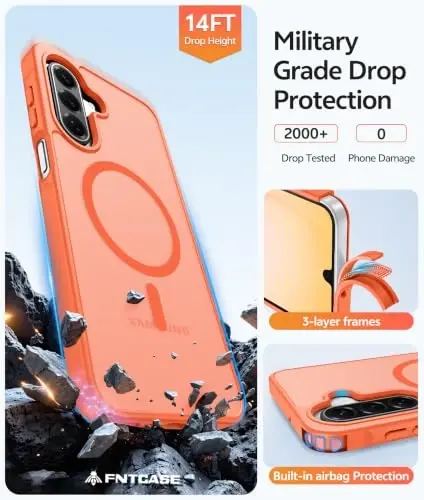 Чехол FNTCASE для Galaxy A17/A16 5G, совместимый с Magsafe, защитная пленка | Полупрозрачный матовый, защита от падений военного класса 14FT, тонкий противоударный, для Samsung A 17 A 16, оранжевый - 5
