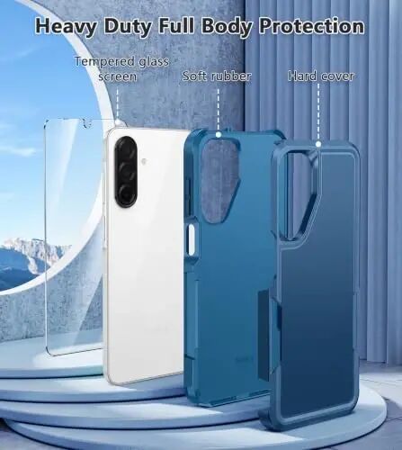 Чехол FNTCASE для Galaxy A26-5G: двухслойный противоударный защитный чехол для телефона Samsung A26 5G с защитной пленкой для экрана, защита от падений военного класса — 6,7 дюйма (матовый синий) - 3