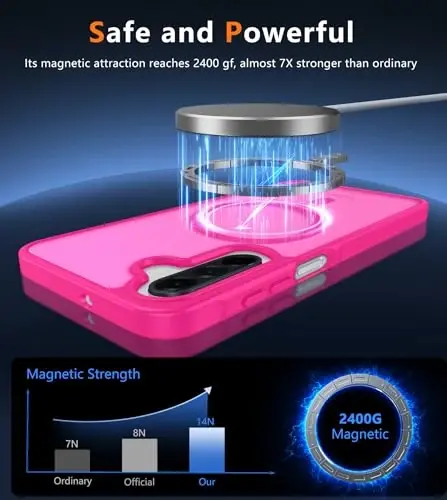Чехол FNTCASE для Galaxy A26 5G: Матовый полупрозрачный магнитный чехол с защитой от падений военного класса — Тонкий, прочный, ударопрочный защитный чехол для Samsung A26 — Ярко-розовый - 3
