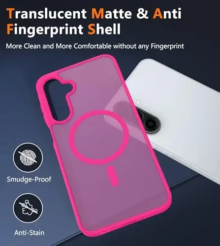 Чехол FNTCASE для Galaxy A26 5G: Матовый полупрозрачный магнитный чехол с защитой от падений военного класса — Тонкий, прочный, ударопрочный защитный чехол для Samsung A26 — Ярко-розовый - 5