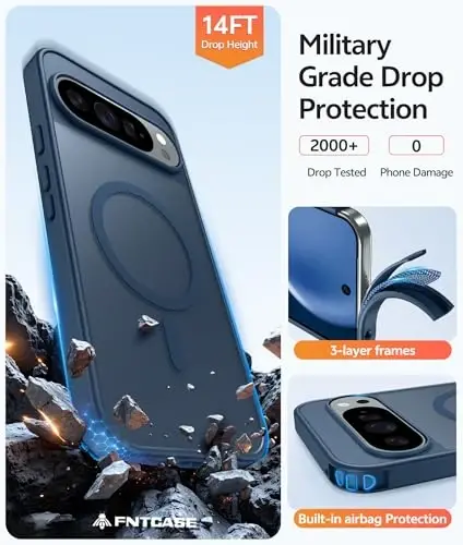 Чехол FNTCASE для Google Pixel 10 Pro XL: для Pixel 9 Pro XL [Совместим с Magsafe] Полупрозрачный матовый [с защитной пленкой] Военный противоударный защитный магнитный чехол для телефона (6,8 дюйма — синий) - 5