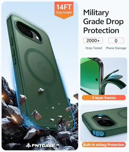 Чехол FNTCASE для Google Pixel 10a: [Совместимо с Magsafe] Полупрозрачные матовые чехлы с [защитным стеклом] Ударопрочный магнитный защитный чехол военного класса для Pixel 10A — зеленый - 5