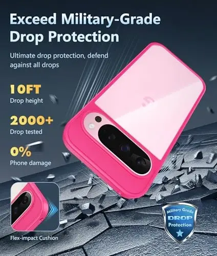 Чехол FNTCASE для Google Pixel 9 Pro XL: прозрачный чехол, защита от падений военного класса, защита от пожелтения, прочный ударопрочный защитный бампер (розовый) - 3