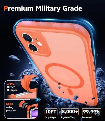 Чехол FNTCASE для iPhone 11 матовый: магнитные чехлы для телефонов, совместимые с Magsafe, тонкие, против пожелтения, защита от падений военного класса, прочный ударопрочный защитный полупрозрачный чехол для телефона (C-Orange) - 6